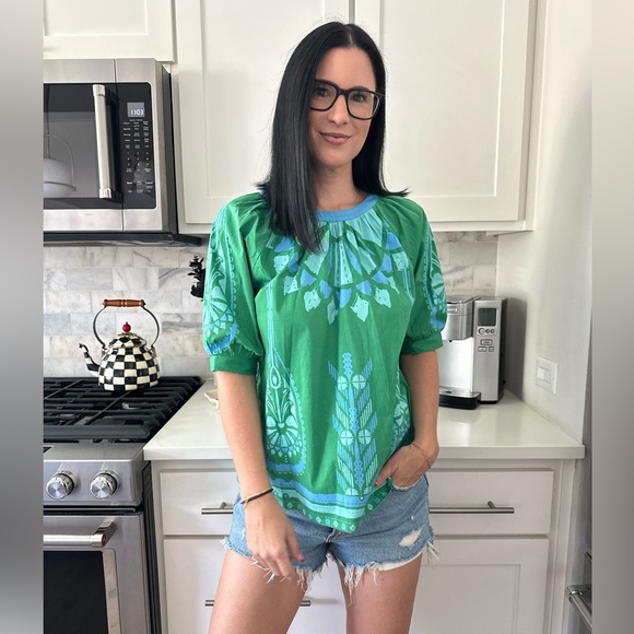 Sheridan French Green Blue Ikat Short Sleeve Top - Picture 2 of 9